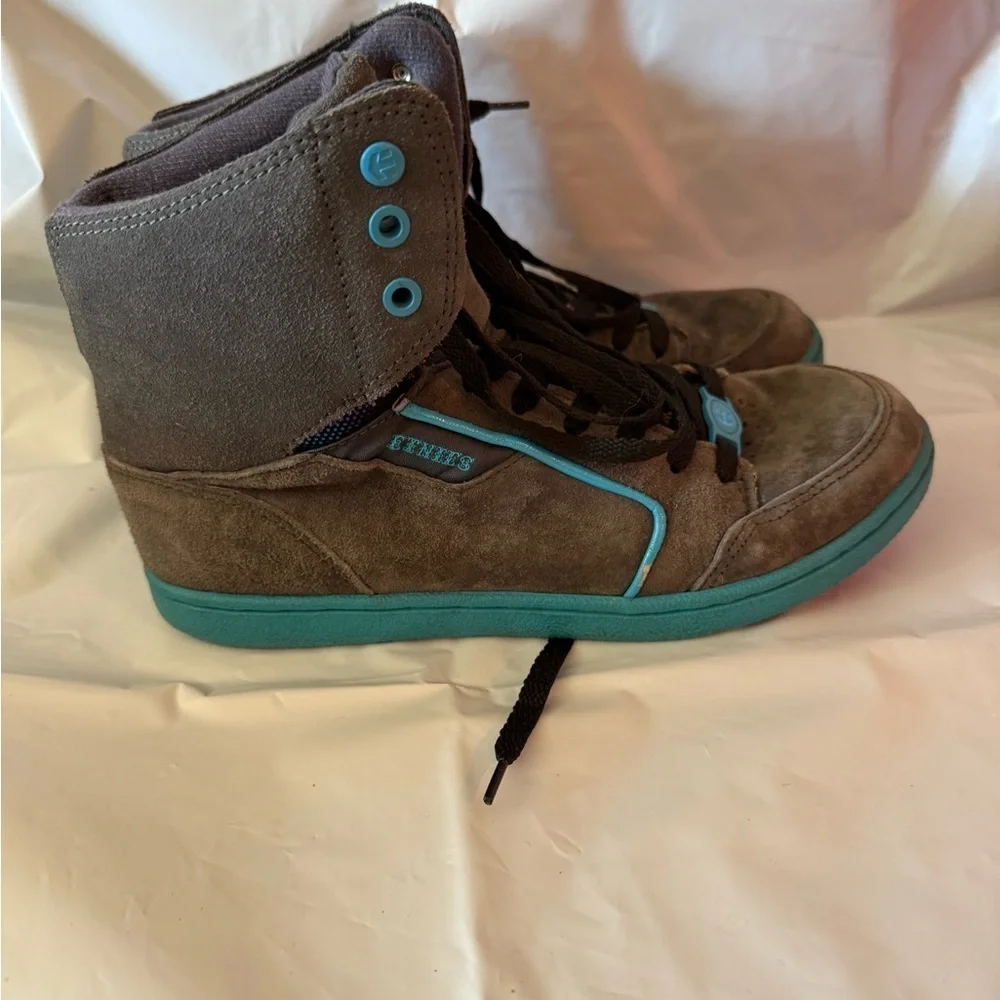 ETNIES Woozy Gray Leather Blue Hi Top Sneakers Size 8.5